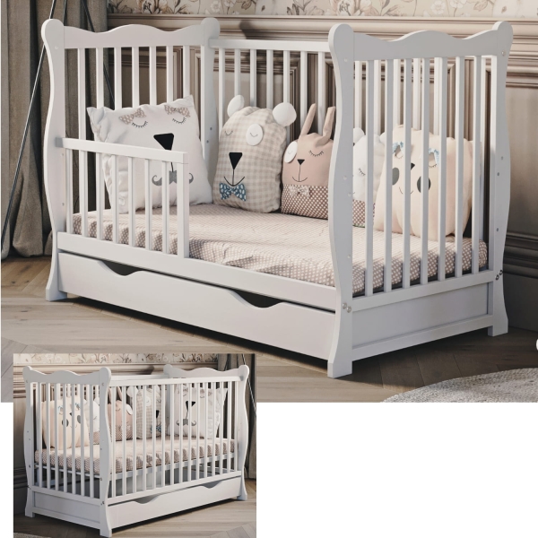 Kinderbett Julia 60x120 cm weiß mit Schublade und Rausfallschutz – aus Holz, mit Sofafunktion und verstellbarem Lattenrost