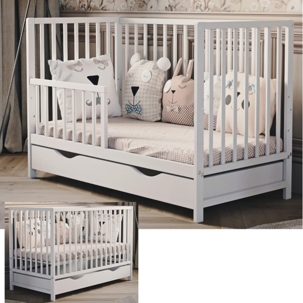 Kinderbett Magda 60x120 cm weiß mit Schublade und Rausfallschutz – klassisch, aus Holz, mit verstellbarem Lattenrost