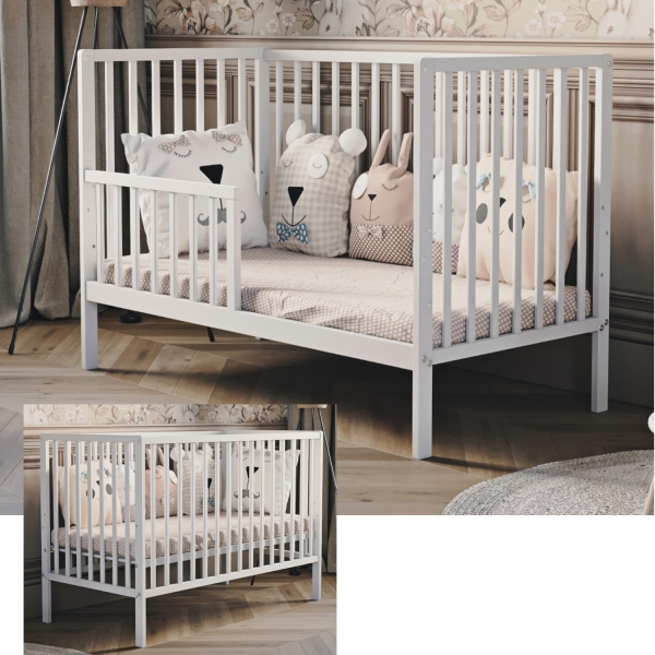 Kinderbett Magda 60x120 cm weiß mit Rausfallschutz – klassisch, aus Holz, mit verstellbarem Lattenrost
