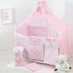 16 Teiliges Babybettwäsche Set bestickt mit einem Teddybären mit Herz inkl. Betthimmel Rosa