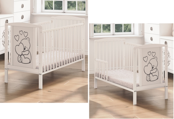 2-in-1 Babybett 60x120 Teddybären- und Herzchenmotiv aus Buchenholzinkl inkl. Umbaukit