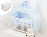 12-teiliges Set: weißes Holzbett mit Matratze und bestickter blauer Bettwäsche – Bello