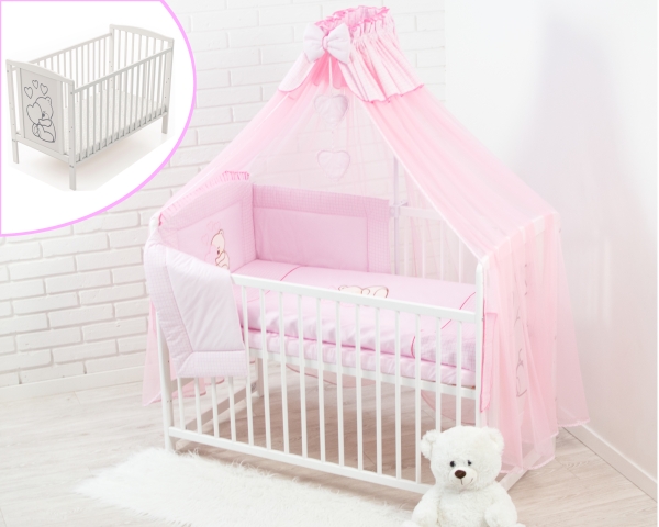Rosa Set: Babybettwäsche mit Stickerei + Holzbett 60x120 cm + Zubehör – Baby-Erstausstattungsset
