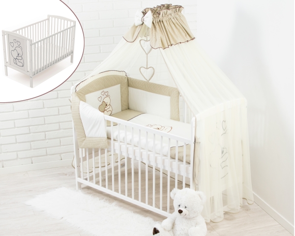 Dunkelbeiges Set: Babybettwäsche mit Stickerei + Holzbett 60x120 cm + komplettes Baby-Erstausstattungsset