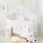 16 Teiliges Babybettwäsche Set bestickt mit einem Teddybären mit Herz inkl. Betthimmel Goldene Sternchen