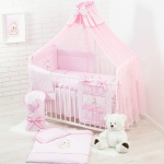 17-teiliges Babybett & Bettwäsche komplett Set inkl. Matratze (Teddybär mit Herz - Rosa)