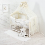Babybettwäsche-Set 60x120 beige mit Moskitonetz, 10-teilig – Bären- und Herzstickerei, Nestchen, Schleife und Gestell.
