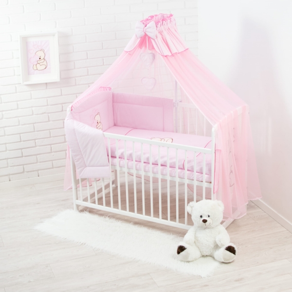 Babybettwäsche-Set 60x120 mit Moskitonetz • 10-teilig • Rosa • Bärenstickerei