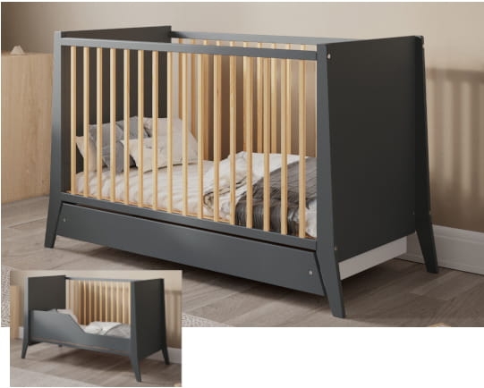 Kinderbett Cosmo 60x120cm mit Schublade und Umbaukit – Anthrazit