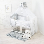 Graues 10-teiliges Babybettwäsche-Set mit Moskitonetz für Babybett 60x120 – gestickter Bär