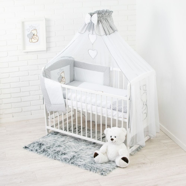 Graues 10-teiliges Babybettwäsche-Set mit Moskitonetz für Babybett 60x120 – gestickter Bär
