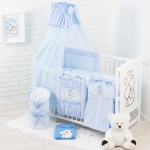 19 Teiliges Babybettwäsche Set bestickt mit einem Teddybären mit Herz inkl. Betthimmel - Blau