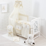 19 Teiliges Babybettwäsche Set bestickt mit einem Teddybären mit Herz inkl. Betthimmel Hellbeige