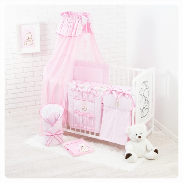 19 Teiliges Babybettwäsche Set bestickt mit einem Teddybären mit Herz inkl. Betthimmel - Rosa