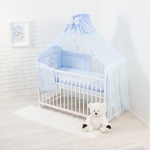 12-teiliges Set: weißes Holzbett mit Matratze und bestickter blauer Bettwäsche – Bello