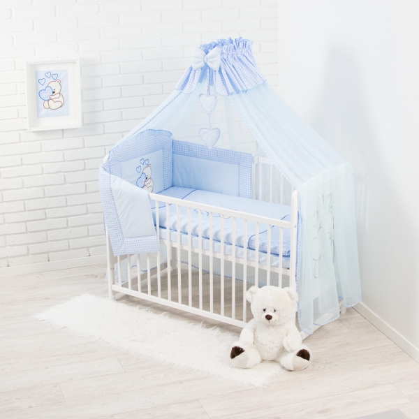 12-teiliges Set: weißes Holzbett mit Matratze und bestickter blauer Bettwäsche – Bello